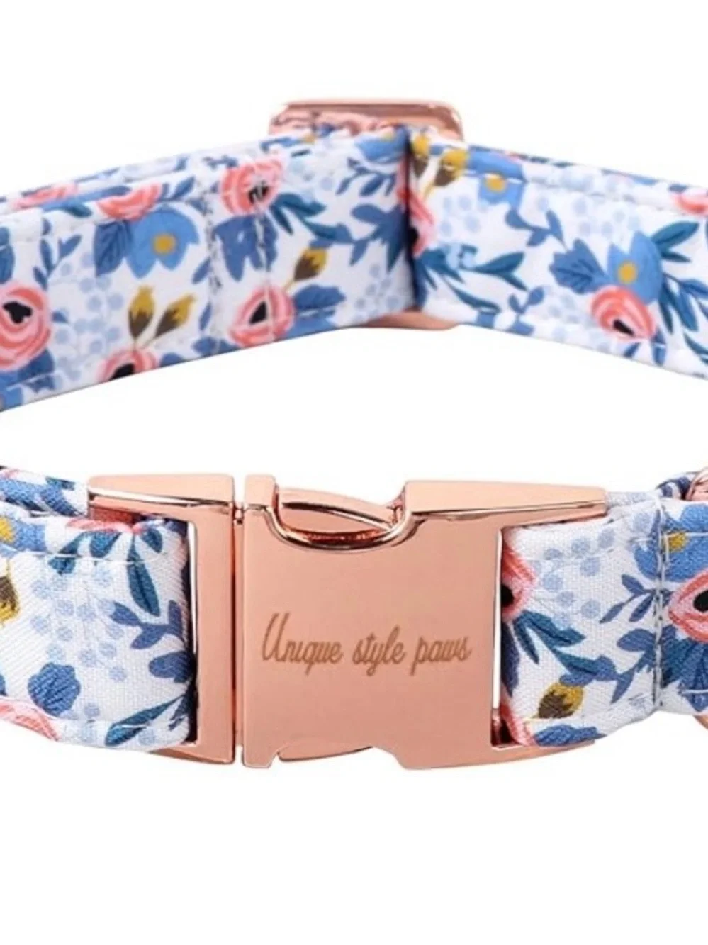 Unique Style Paws Floral Rose Gold Buckle Dog Collar - Blue & Pink